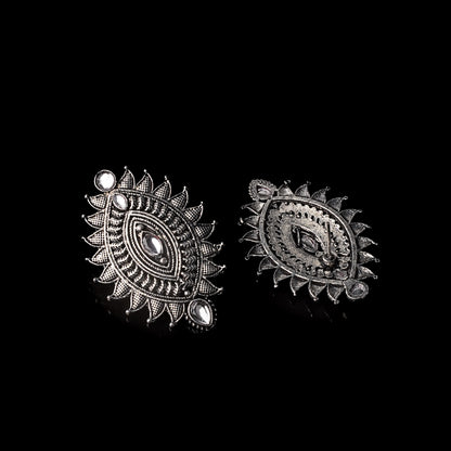 White Stone Studded Oval Shaped Oxidised Earrings