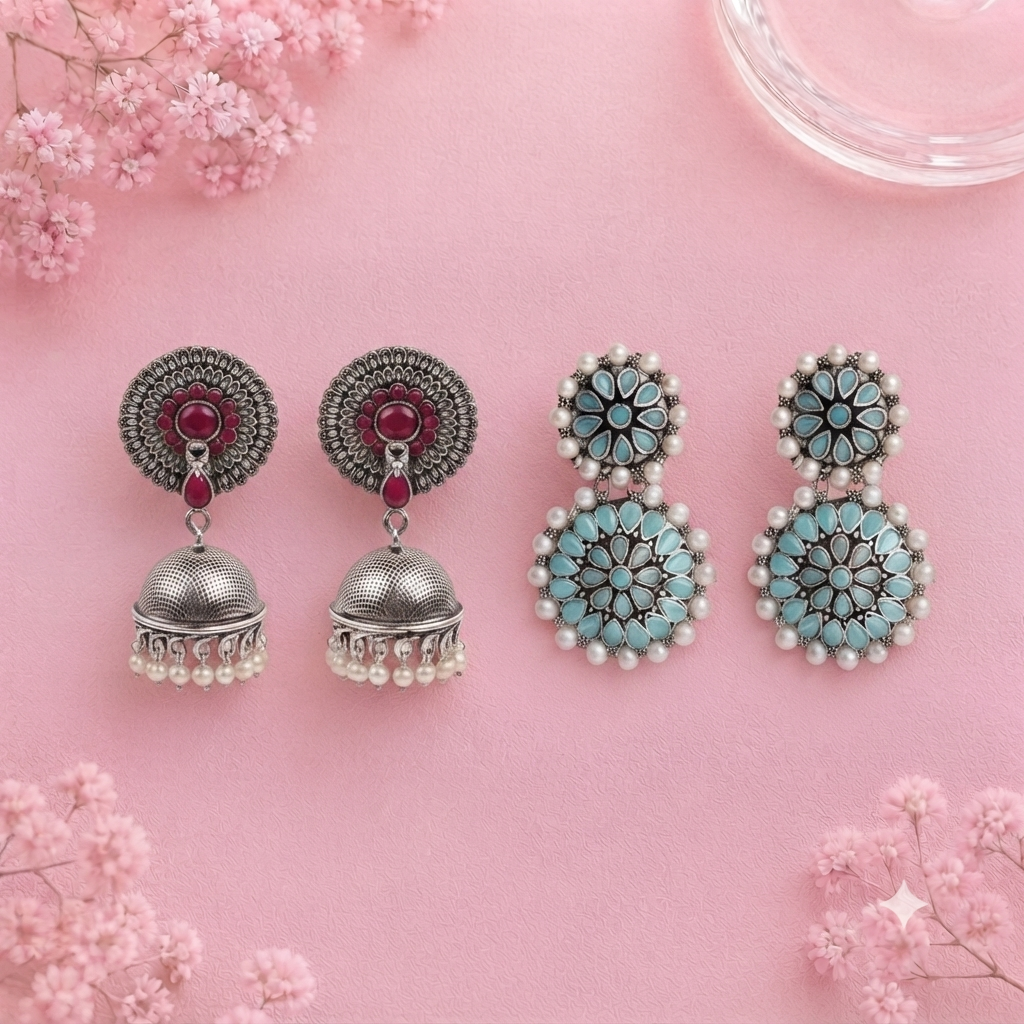 Evergreen earrings (Multicolored) Double boho floral dangler earring (Red) Combo set