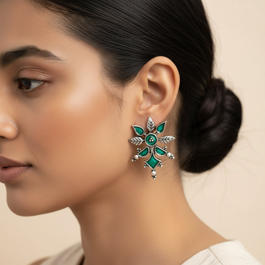 Royal Meenakari oxidized stud esrrings (Green)