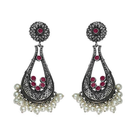 Dark Red Stone Studded Statement Earrings With Hanging Pearls