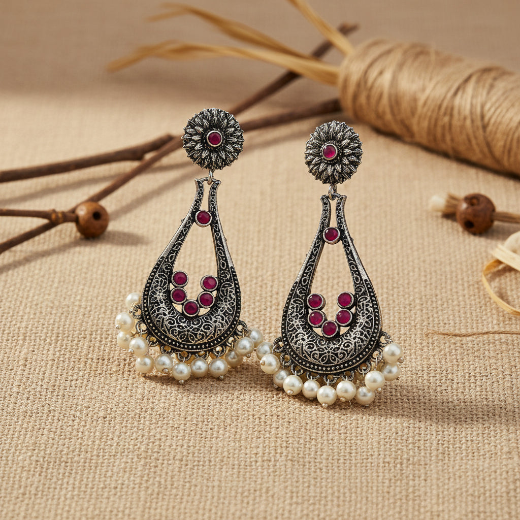 Shine Drop pearl dangler earring (Dark Red)
