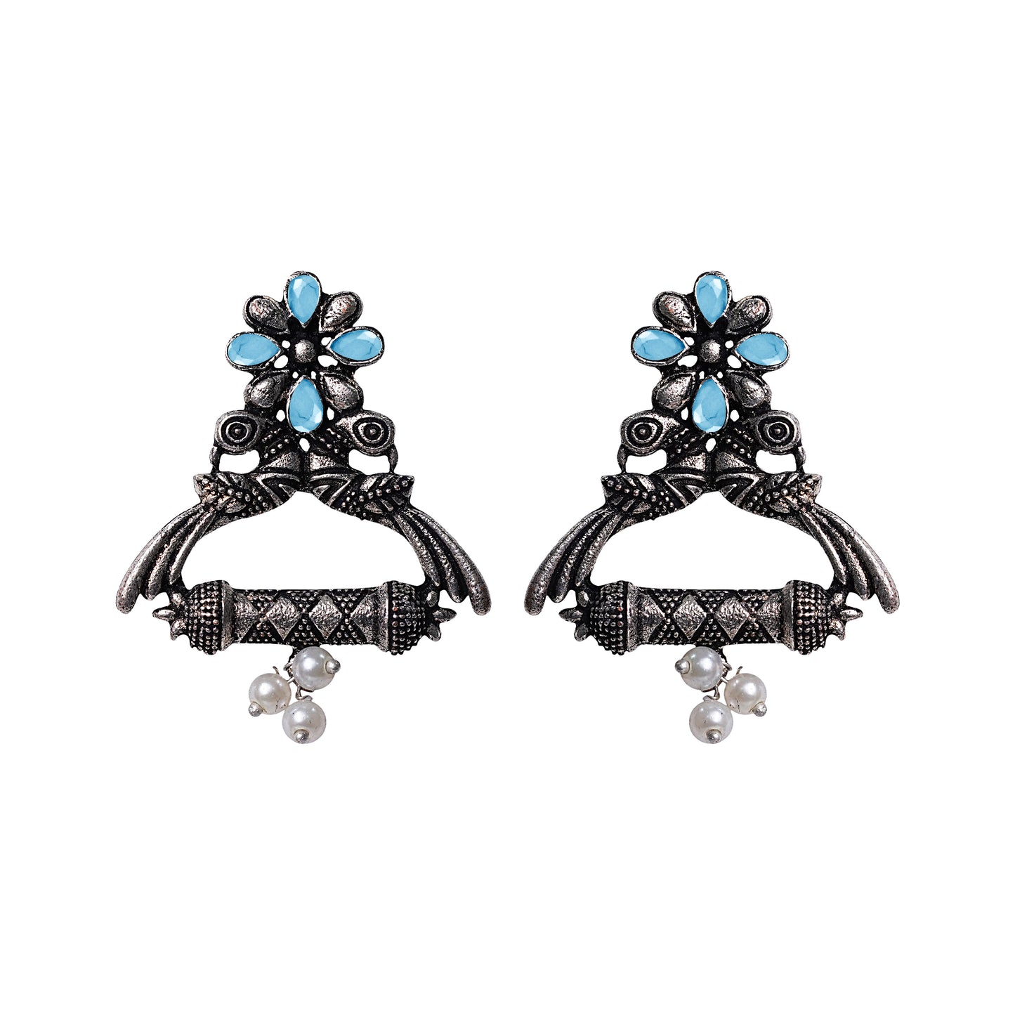 Mint Stone Studded Elegant Earrings With Hanging Baby Pearls