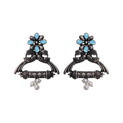 Mint Stone Studded Elegant Earrings With Hanging Baby Pearls