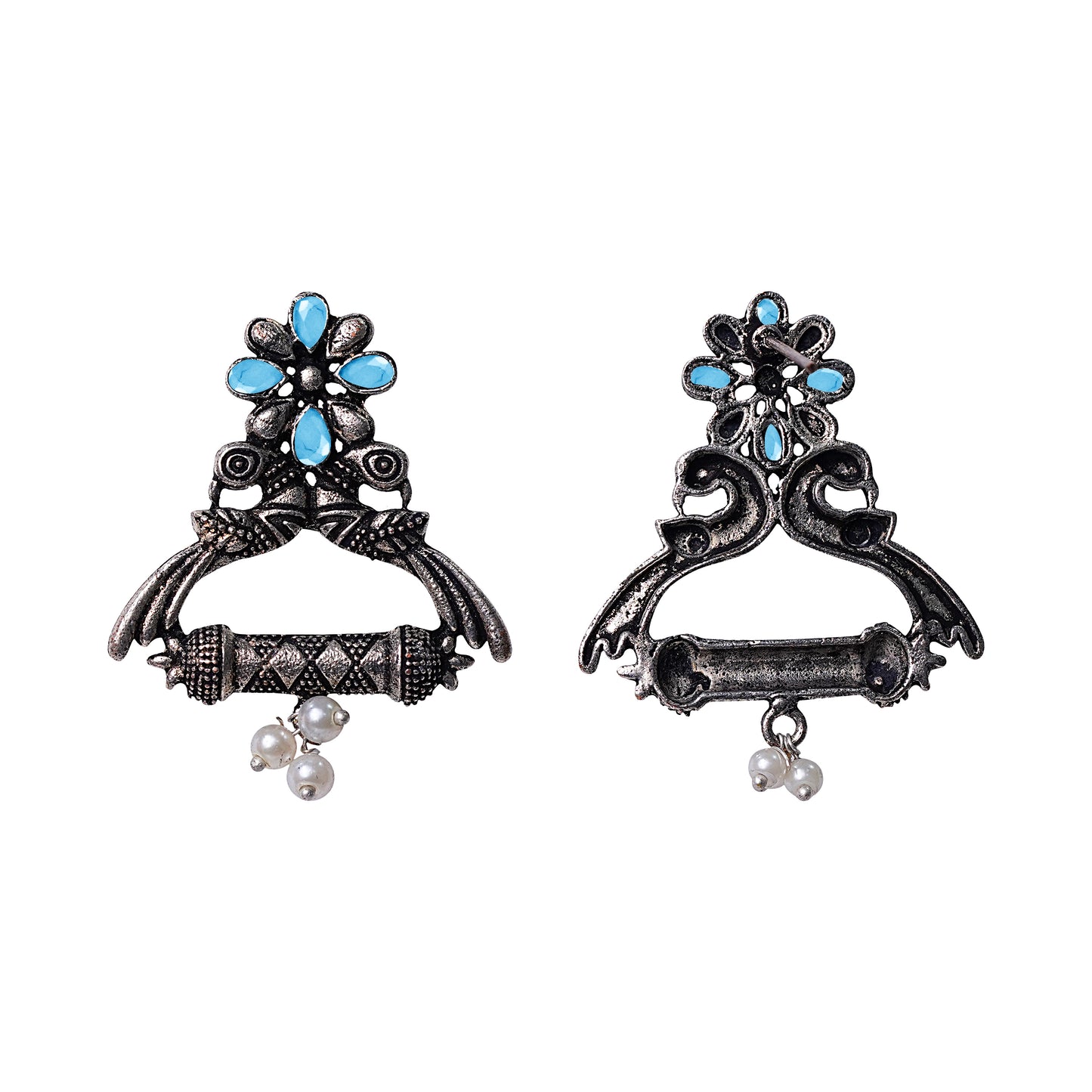 Mint Stone Studded Elegant Earrings With Hanging Baby Pearls