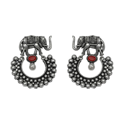 Dark Red Stone Studded Elephant Earrings