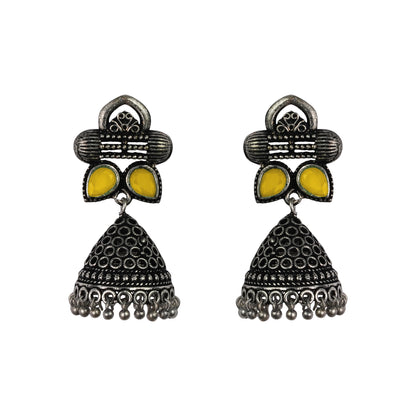 Yellow Stone Studded German Silver Earrings With Brass Jhumki