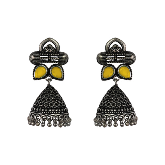 Yellow Stone Studded German Silver Earrings With Brass Jhumki
