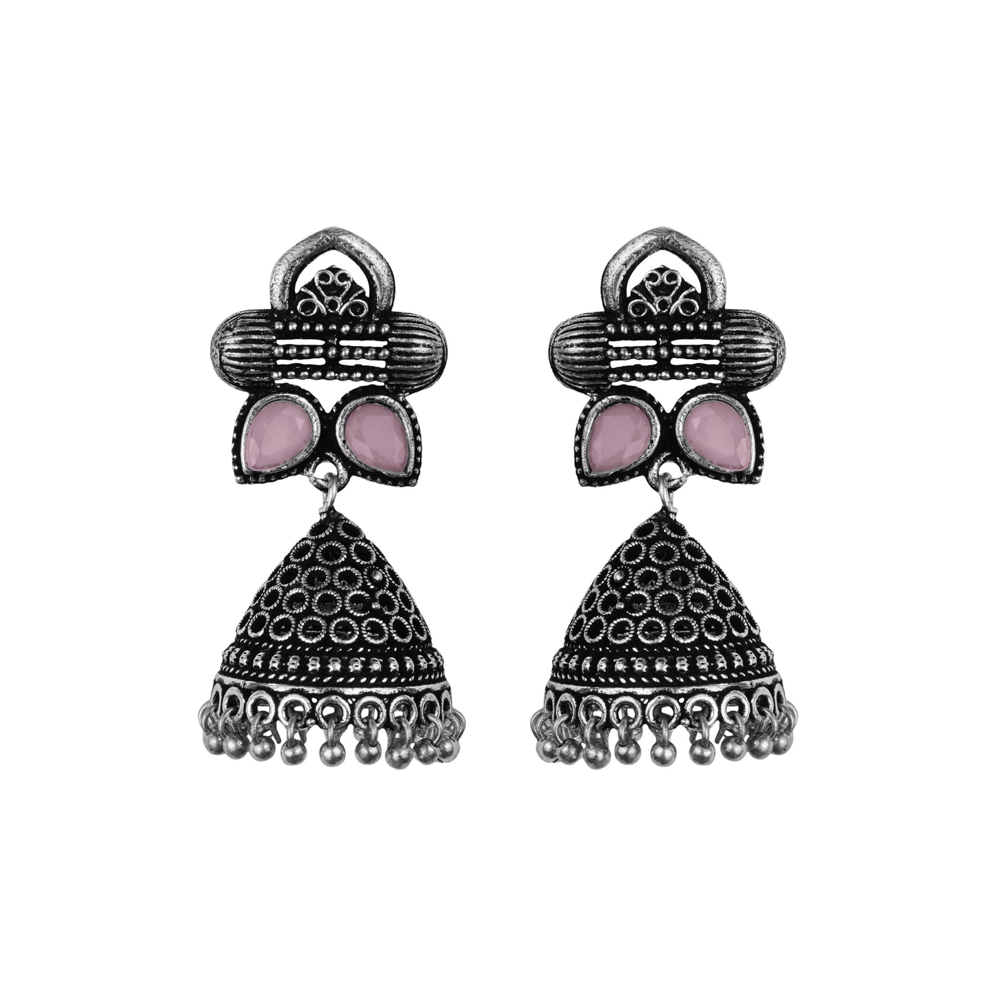 Baby Pink Stone Studded German Silver Earrings With Brass Jhumki