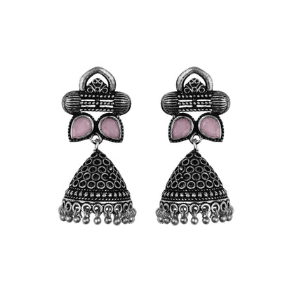 Baby Pink Stone Studded German Silver Earrings With Brass Jhumki