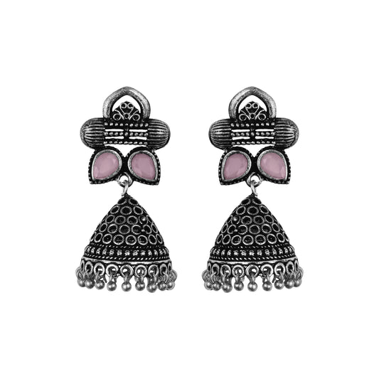Baby Pink Stone Studded German Silver Earrings With Brass Jhumki