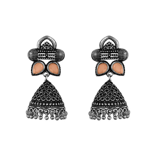 Light Orangish Stone Studded German Silver Earrings With Brass Jhumki