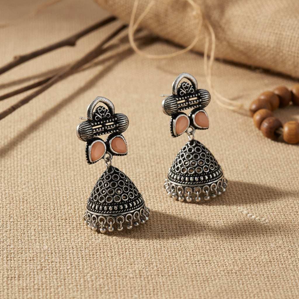 Stunning stone studded jhumki earrings (Light Orange)