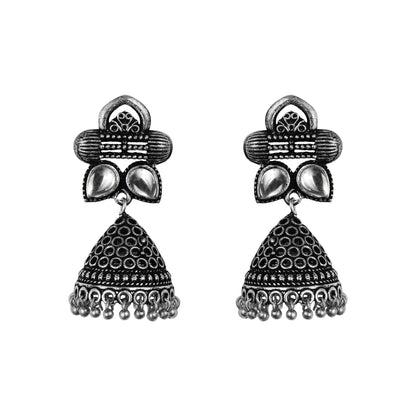 White Stone Studded German Silver Earrings With Brass Jhumki
