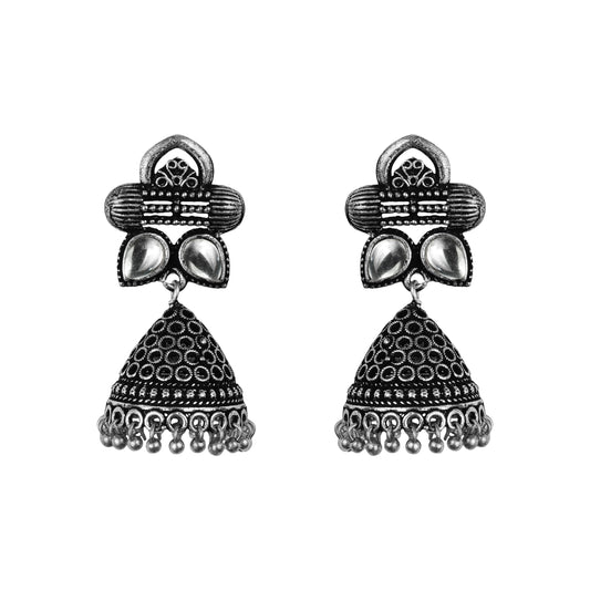 White Stone Studded German Silver Earrings With Brass Jhumki