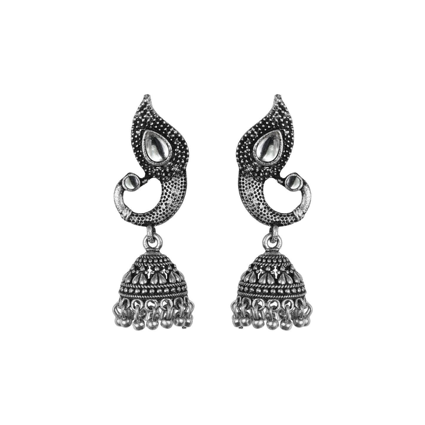 White Stone Studded Tiny Peacock Earrings With Hanging Jhumki