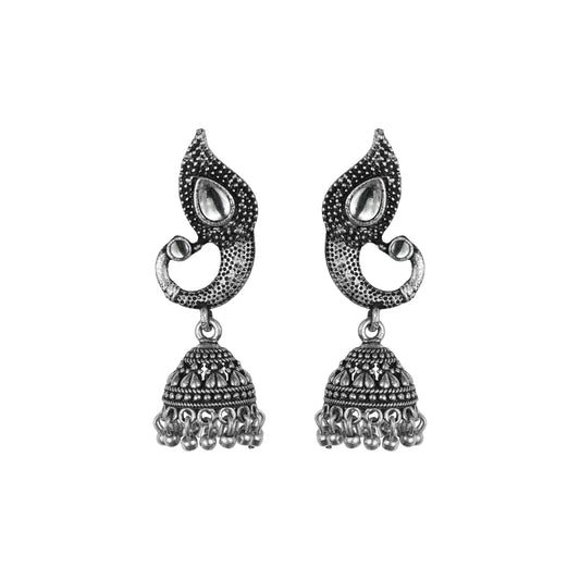 White Stone Studded Tiny Peacock Earrings With Hanging Jhumki