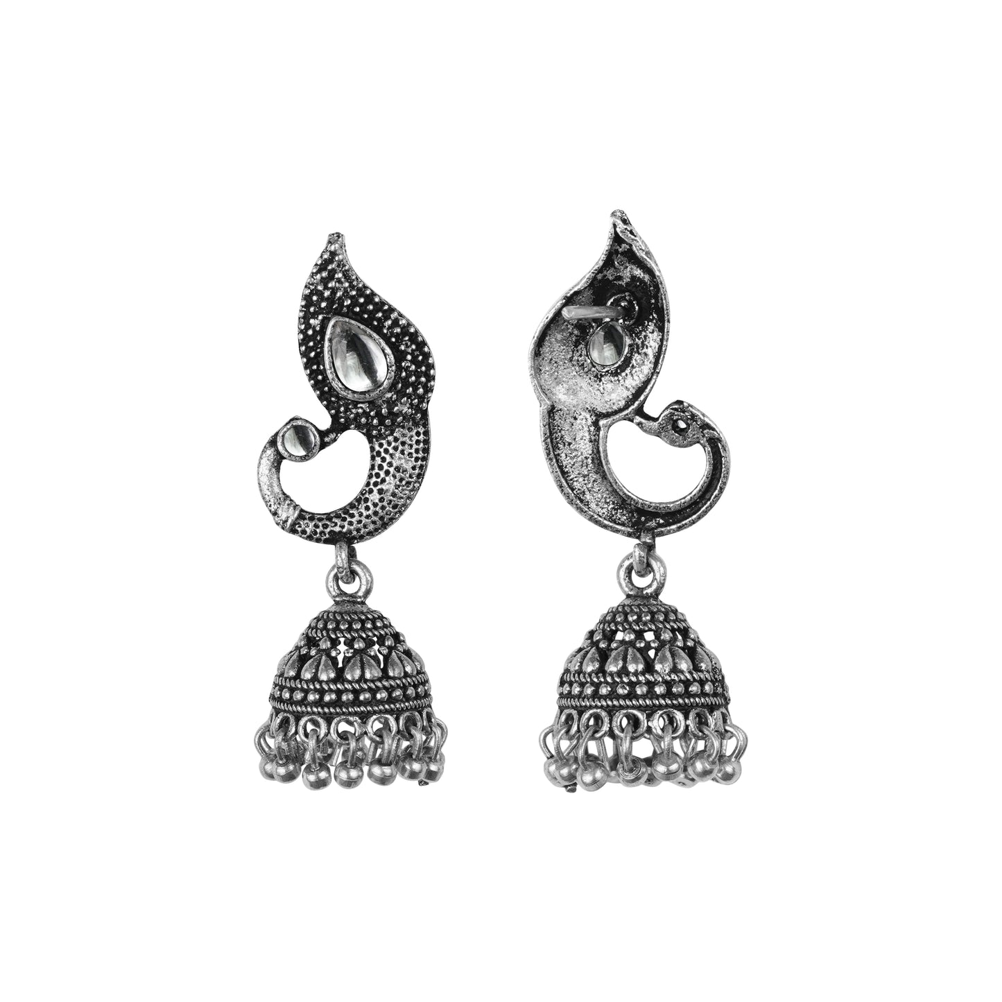 White Stone Studded Tiny Peacock Earrings With Hanging Jhumki