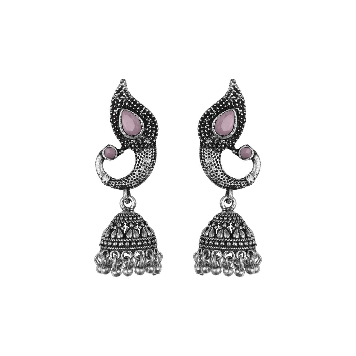 Baby Pink Stone Studded Tiny Peacock Earrings With Hanging Jhumki