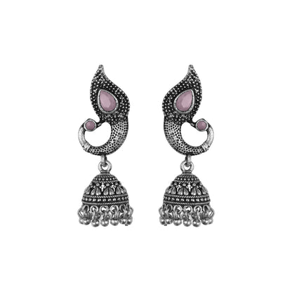 Baby Pink Stone Studded Tiny Peacock Earrings With Hanging Jhumki