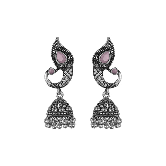 Baby Pink Stone Studded Tiny Peacock Earrings With Hanging Jhumki