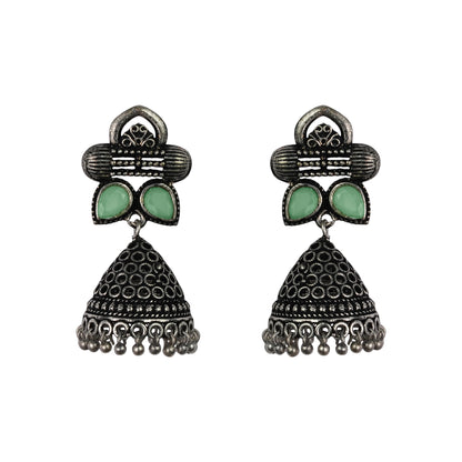Pista Stone Studded German Silver Earrings With Brass Jhumki