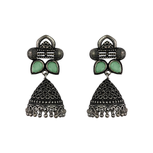Pista Stone Studded German Silver Earrings With Brass Jhumki
