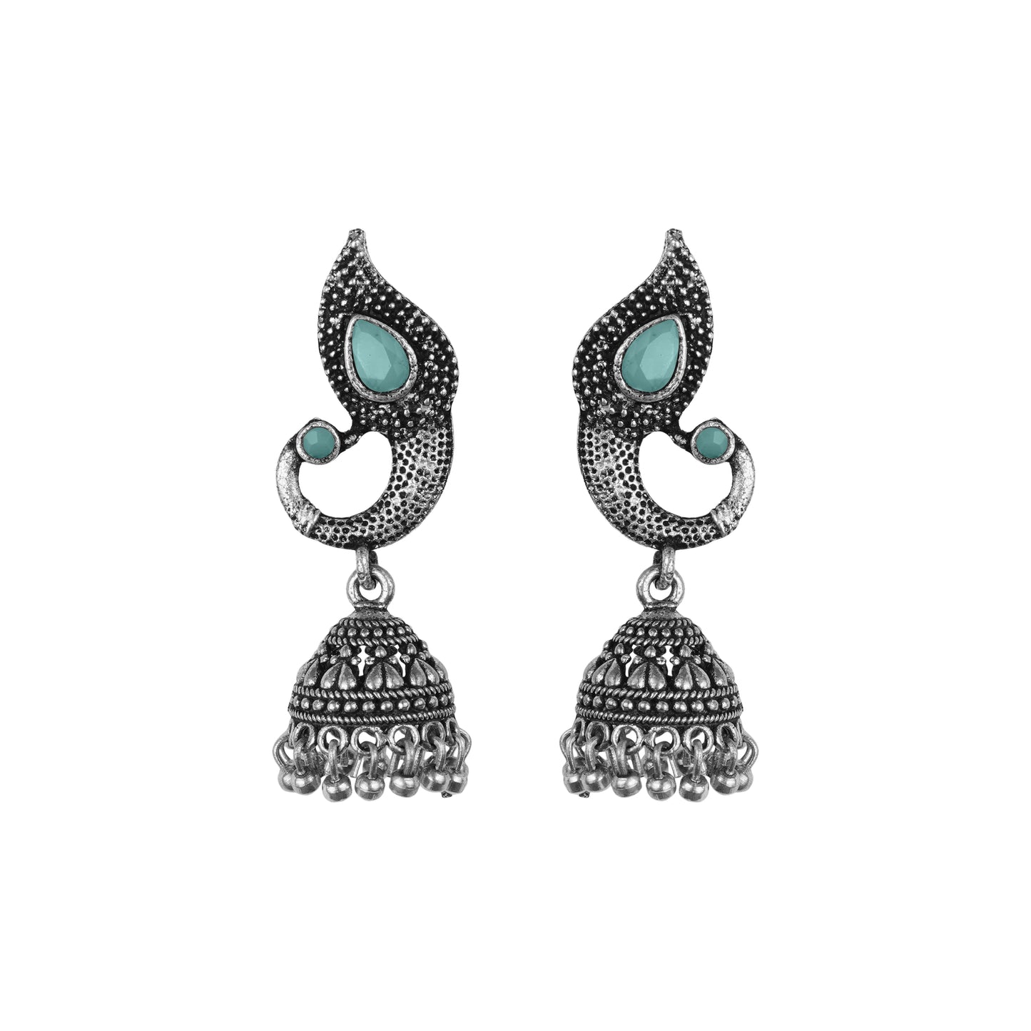Mint Stone Studded Tiny Peacock Earrings With Hanging Jhumki