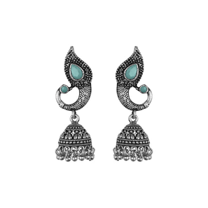 Mint Stone Studded Tiny Peacock Earrings With Hanging Jhumki