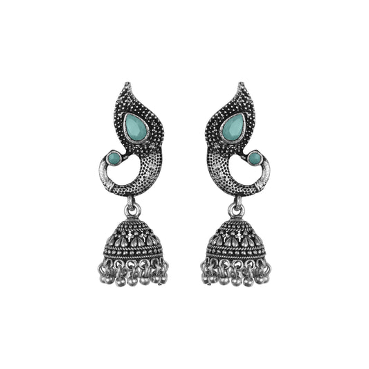 Mint Stone Studded Tiny Peacock Earrings With Hanging Jhumki