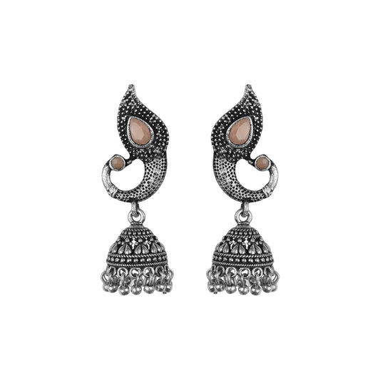 Light Orangish Stone Studded Tiny Peacock Earrings With Hanging Jhumki