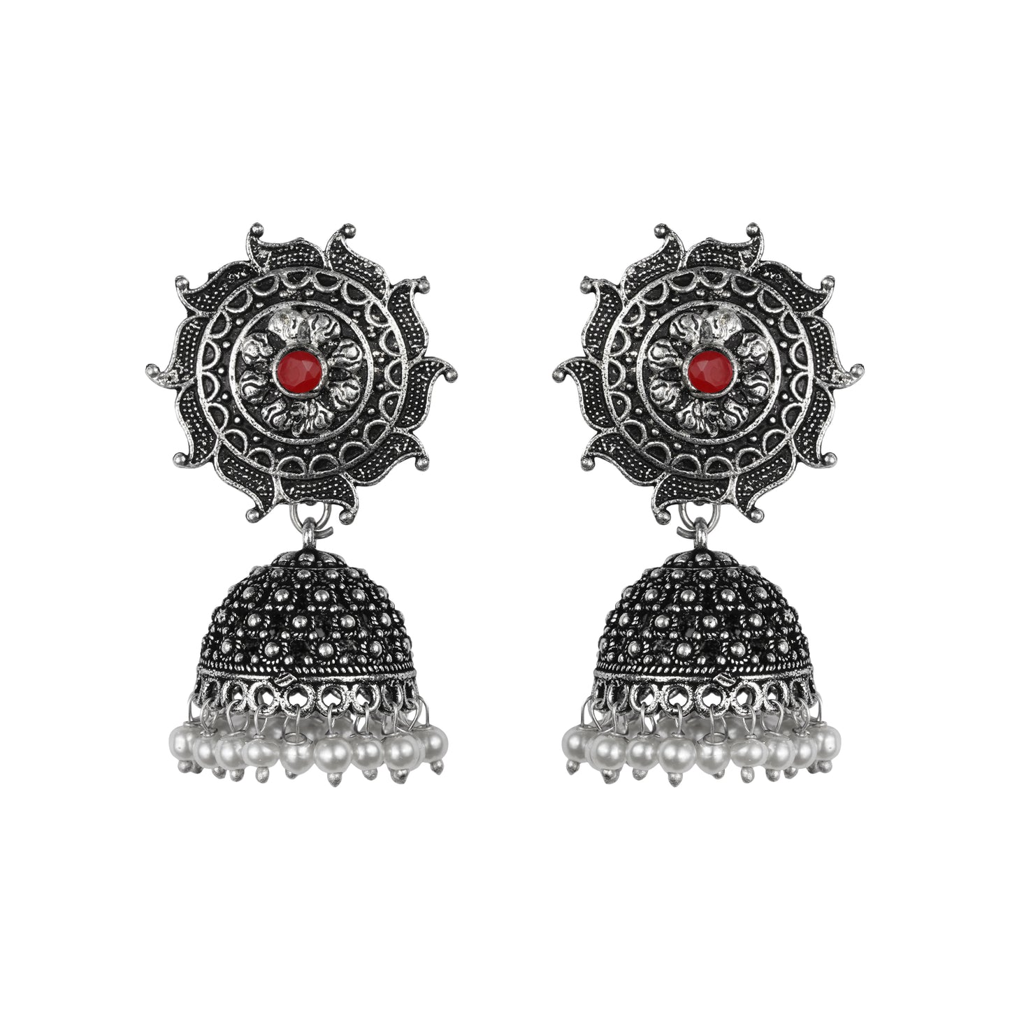 Dark Red Stone Studded German Silver Statement Earrings With Brass Jhumki