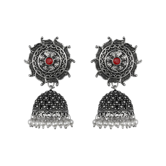 Dark Red Stone Studded German Silver Statement Earrings With Brass Jhumki
