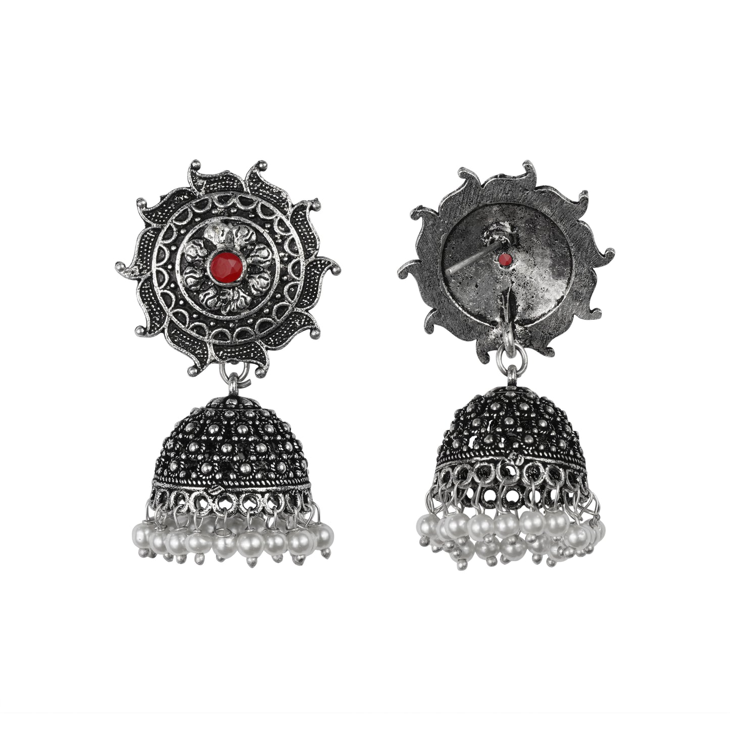 Dark Red Stone Studded German Silver Statement Earrings With Brass Jhumki