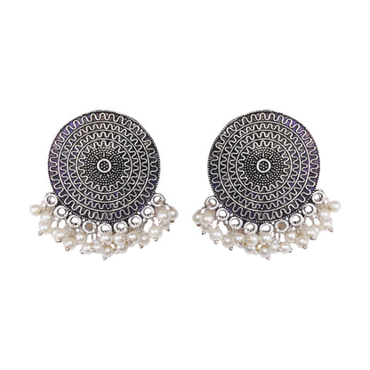 Echoing circle pearl stud earrings (Silver)