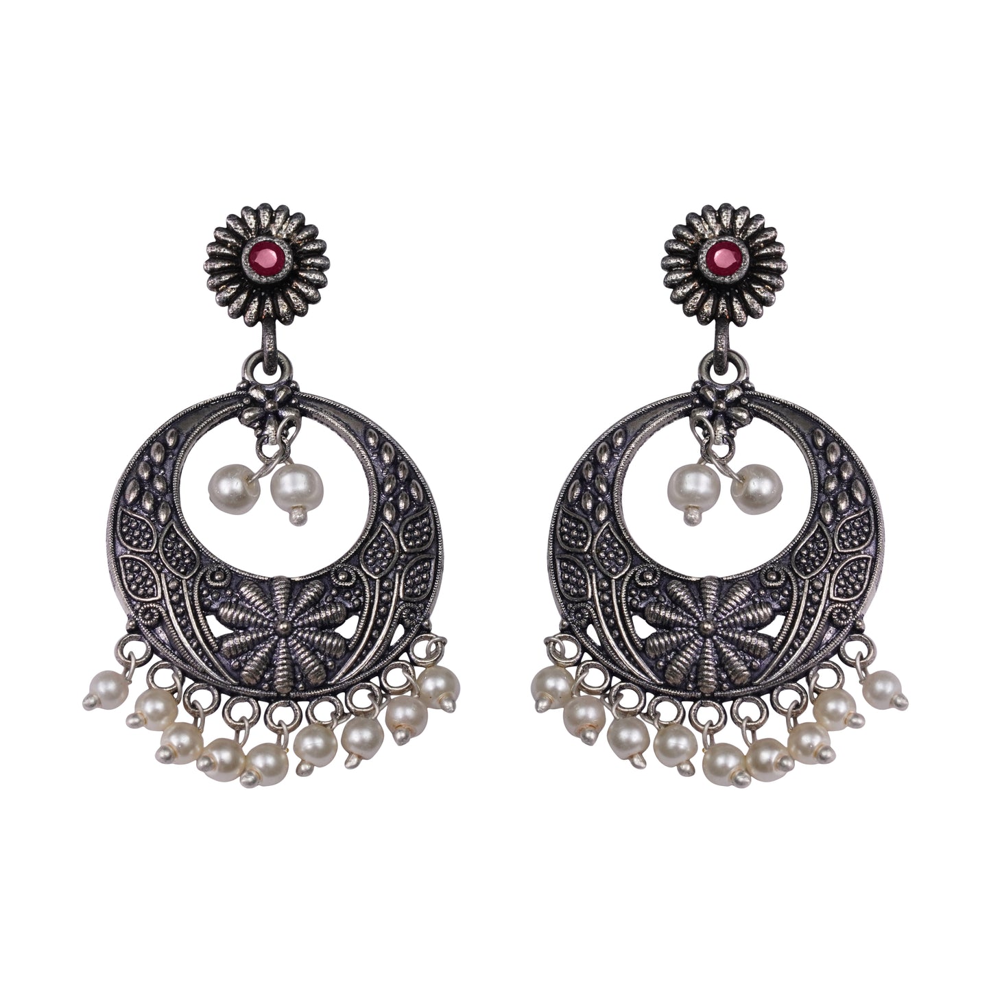 Red Stone Studded Beautiful Oxidised Earrings With Hanging Pearls
