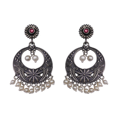 Red Stone Studded Beautiful Oxidised Earrings With Hanging Pearls