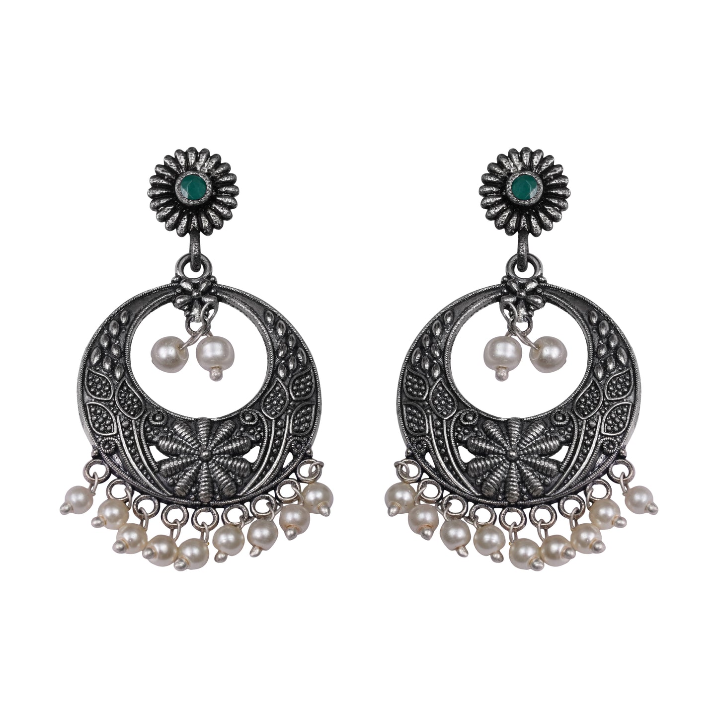 Green Stone Studded Beautiful Oxidised Earrings With Hanging Pearls