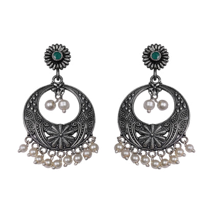 Green Stone Studded Beautiful Oxidised Earrings With Hanging Pearls
