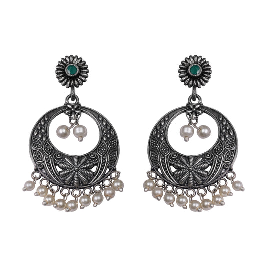 Green Stone Studded Beautiful Oxidised Earrings With Hanging Pearls