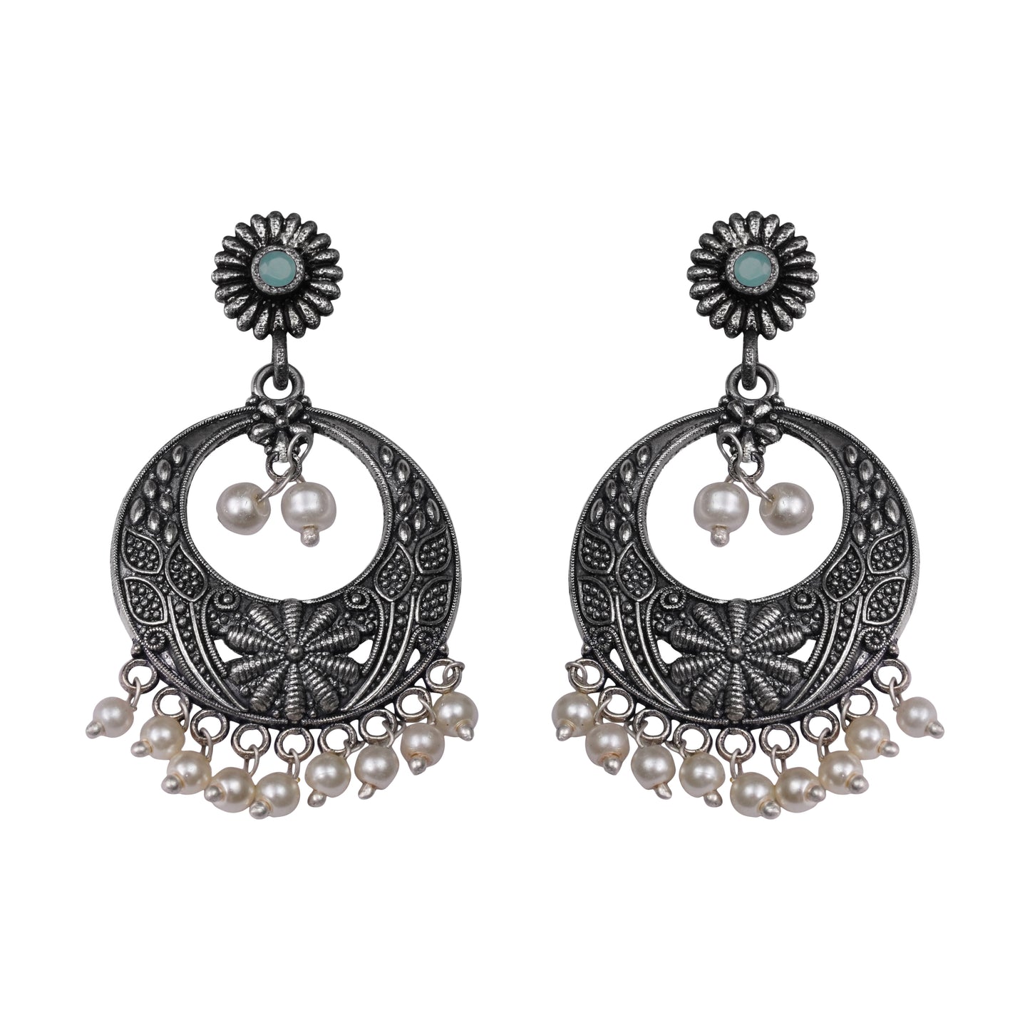 Mint Stone Studded Beautiful Oxidised Earrings With Hanging Pearls