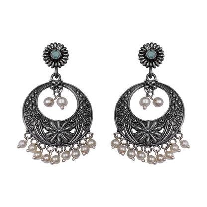 Mint Stone Studded Beautiful Oxidised Earrings With Hanging Pearls