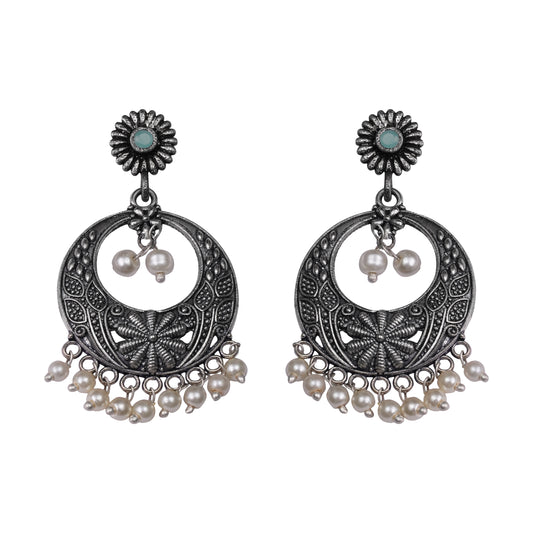 Mint Stone Studded Beautiful Oxidised Earrings With Hanging Pearls