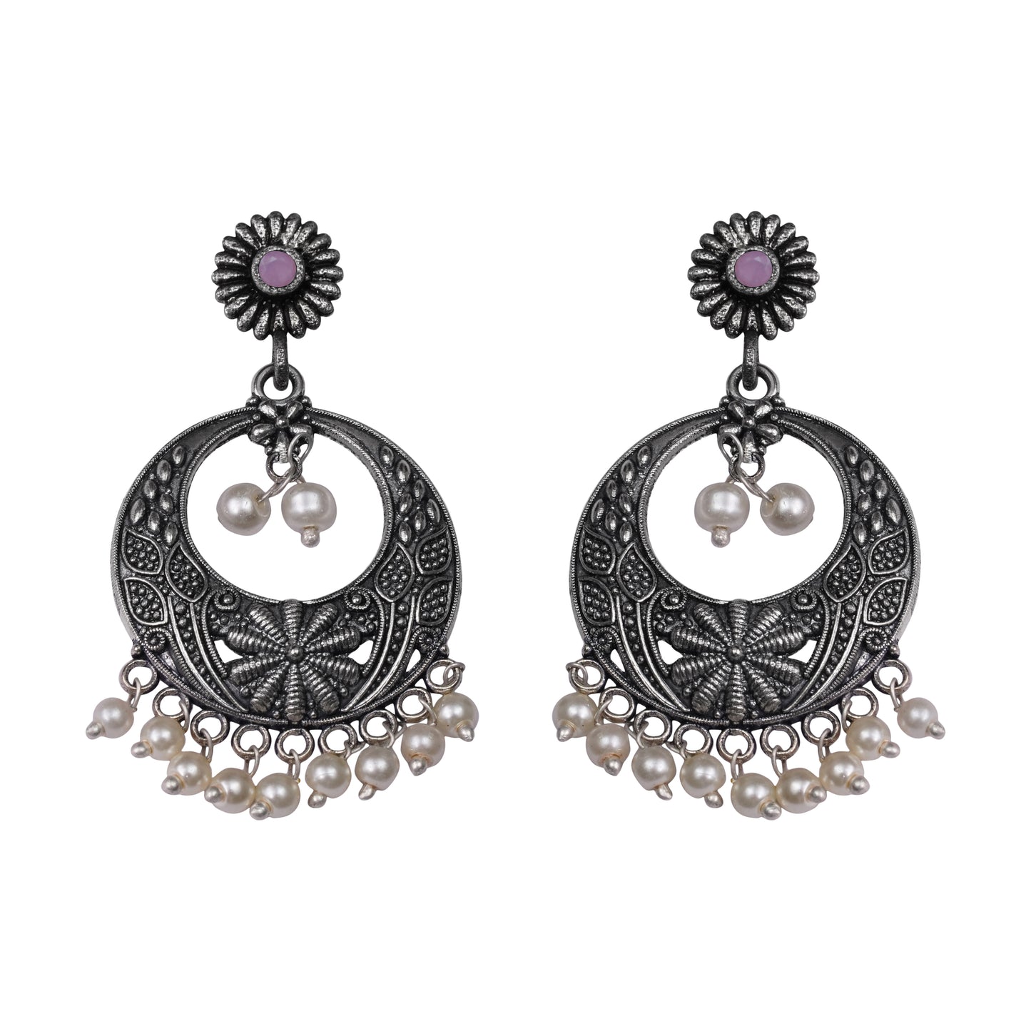 Baby Pink Stone Studded Beautiful Oxidised Earrings With Hanging Pearls