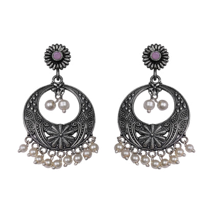 Baby Pink Stone Studded Beautiful Oxidised Earrings With Hanging Pearls