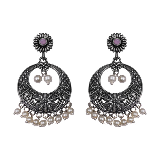 Baby Pink Stone Studded Beautiful Oxidised Earrings With Hanging Pearls
