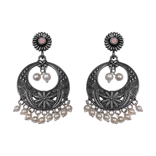 Light Orangish Stone Studded Beautiful Oxidised Earrings With Hanging Pearls