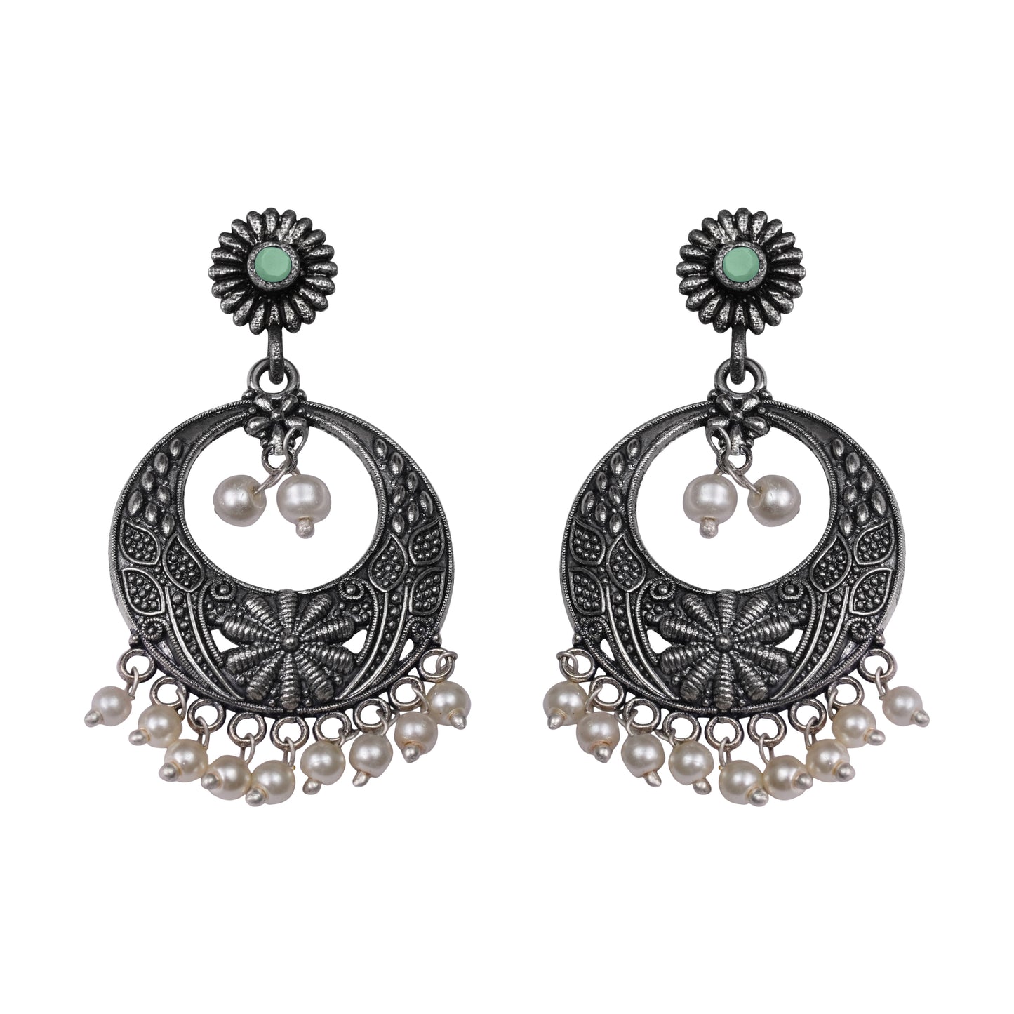Pista Stone Studded Beautiful Oxidised Earrings With Hanging Pearls