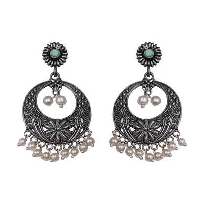 Pista Stone Studded Beautiful Oxidised Earrings With Hanging Pearls