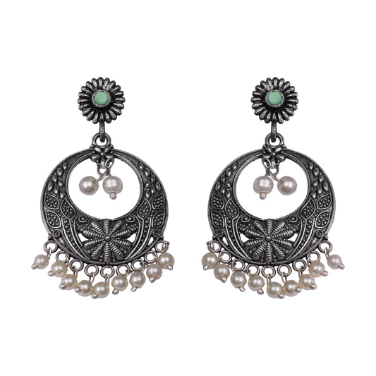 Pista Stone Studded Beautiful Oxidised Earrings With Hanging Pearls