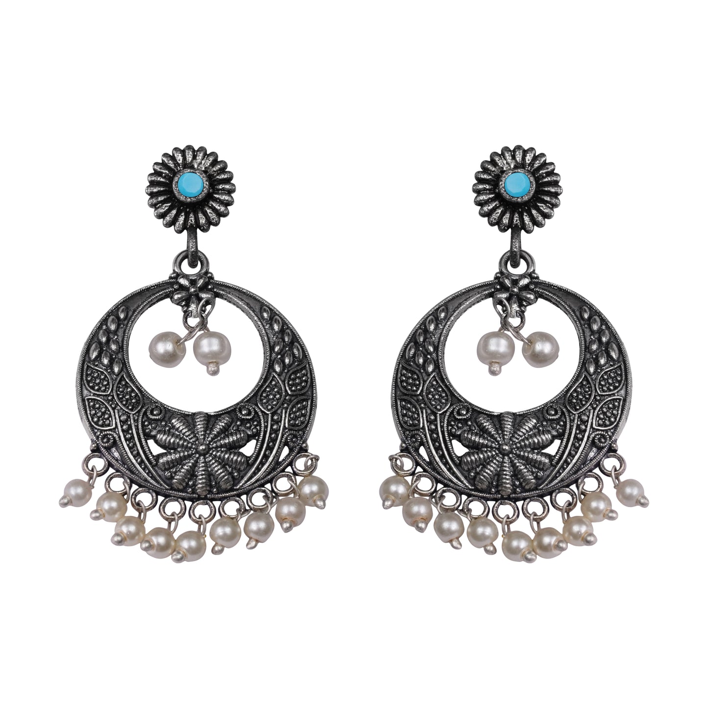 Sky Blue Stone Studded Beautiful Oxidised Earrings With Hanging Pearls
